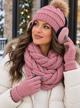 Pink Rose Winter Accessories Set Beanie Infinity Scarf Gloves Earmuffs -P